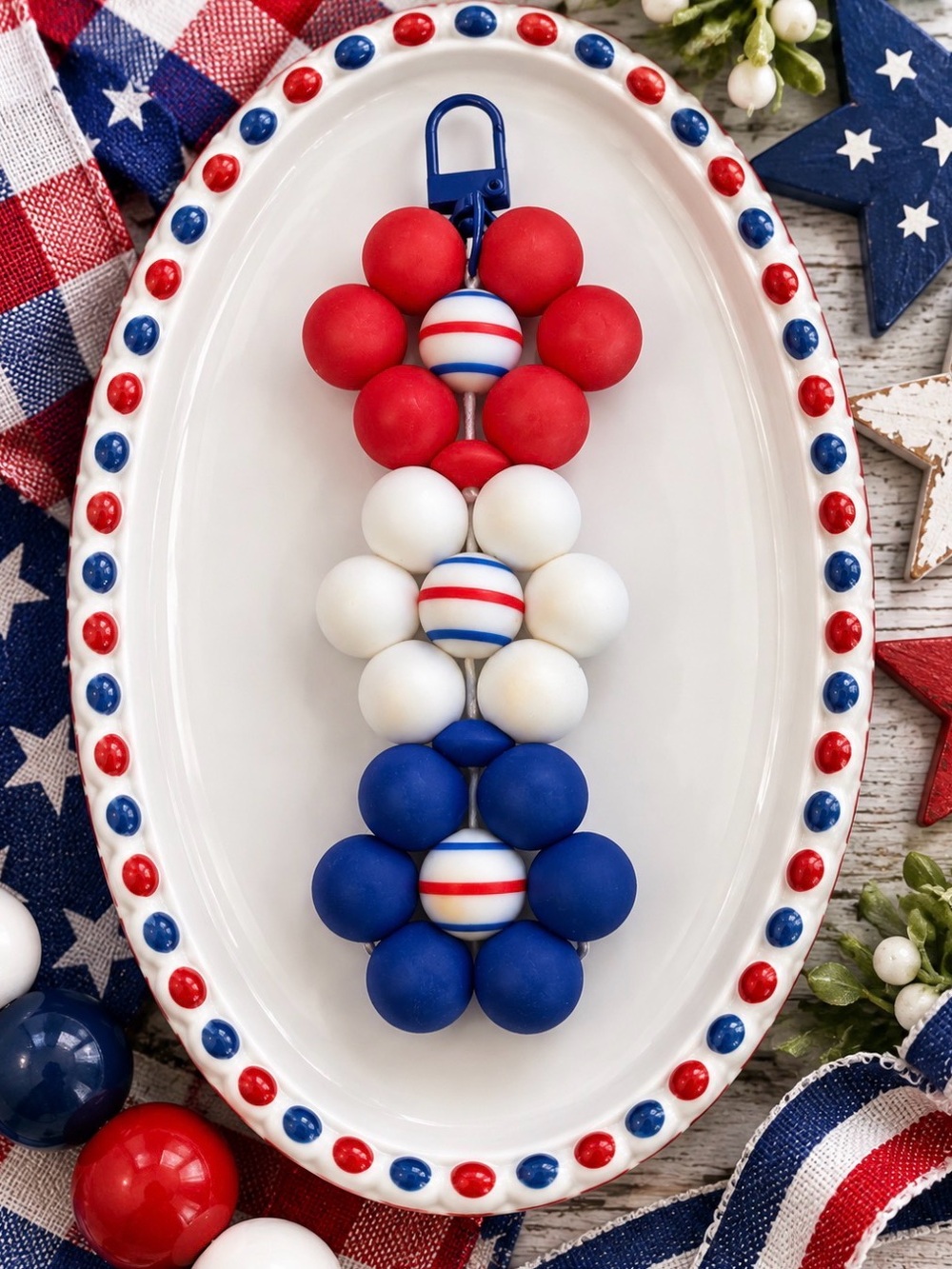 Hand Crafted Red White Blue Beaded Keychain